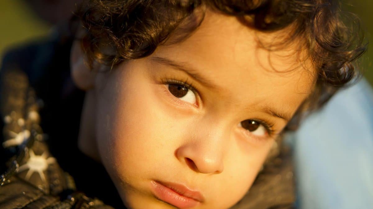 Captivating portrait of a young child with curly hair looking thoughtful in golden lighting.