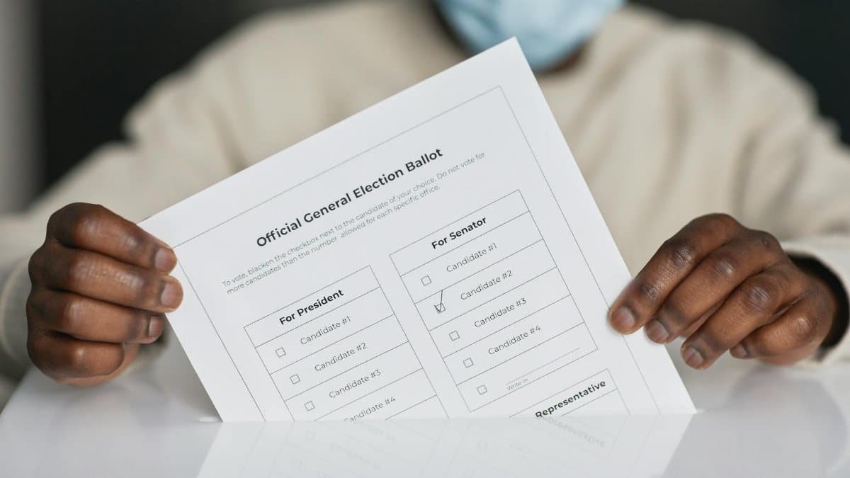 A person wearing a face mask holds an official general election ballot.