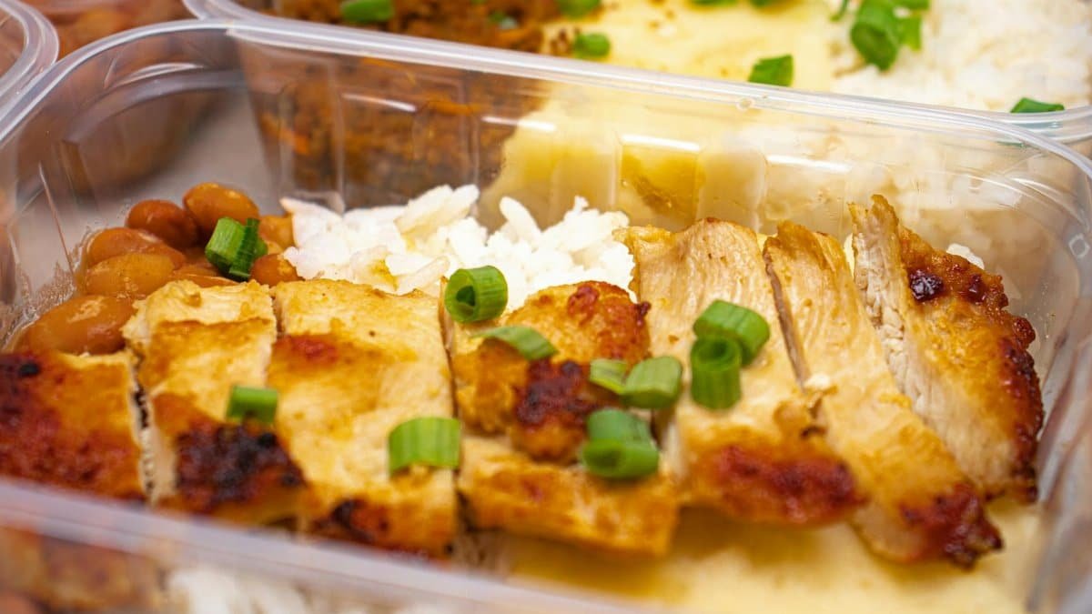 Close-up of a grilled chicken meal in a plastic container, garnished with green onions.
