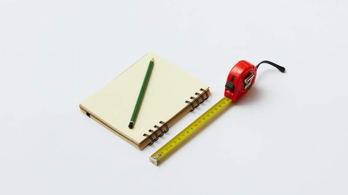 Top view of a notebook, green pencil, and measuring tape on a white background.