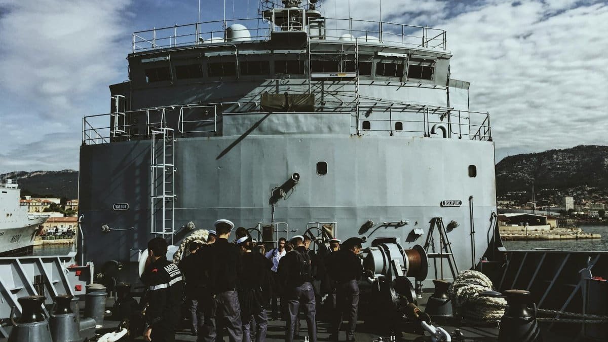 A navy crew gathered on a ship's deck in Toulon, Provence-Alpes-Côte d'Azur, France.