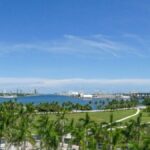 Discover the vibrant Miami skyline overlooking lush green parks and clear blue skies.
