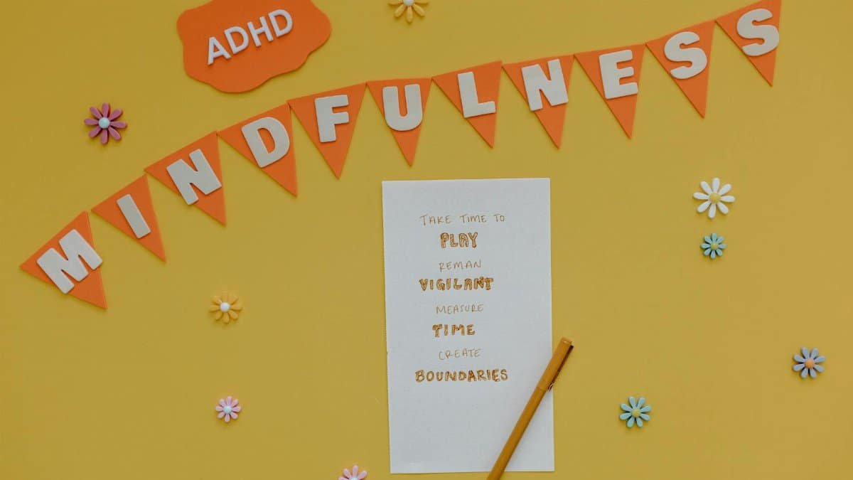 Creative poster promoting ADHD awareness and mindfulness practices.