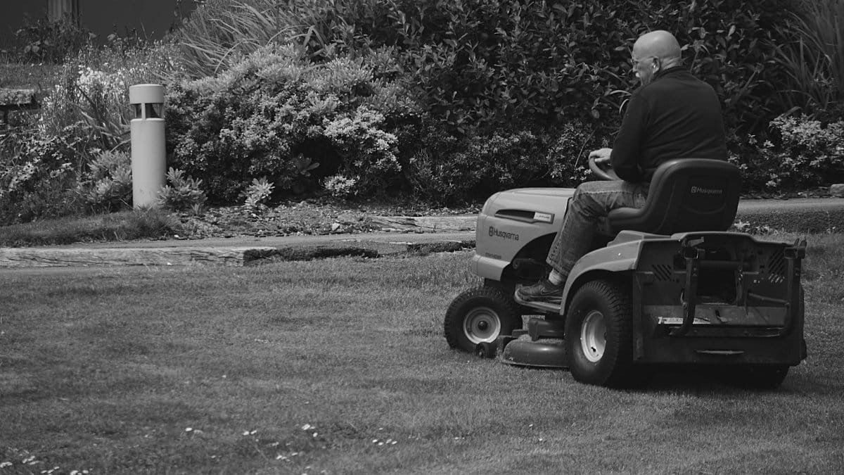 Adult mowing grass on a ride-on lawn mower in a garden setting.