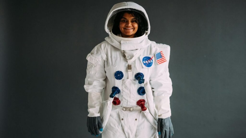 Portrait of a woman in a NASA astronaut costume, smiling against a neutral background.