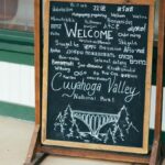 Chalkboard sign welcoming visitors to Cuyahoga Valley National Park in various languages.
