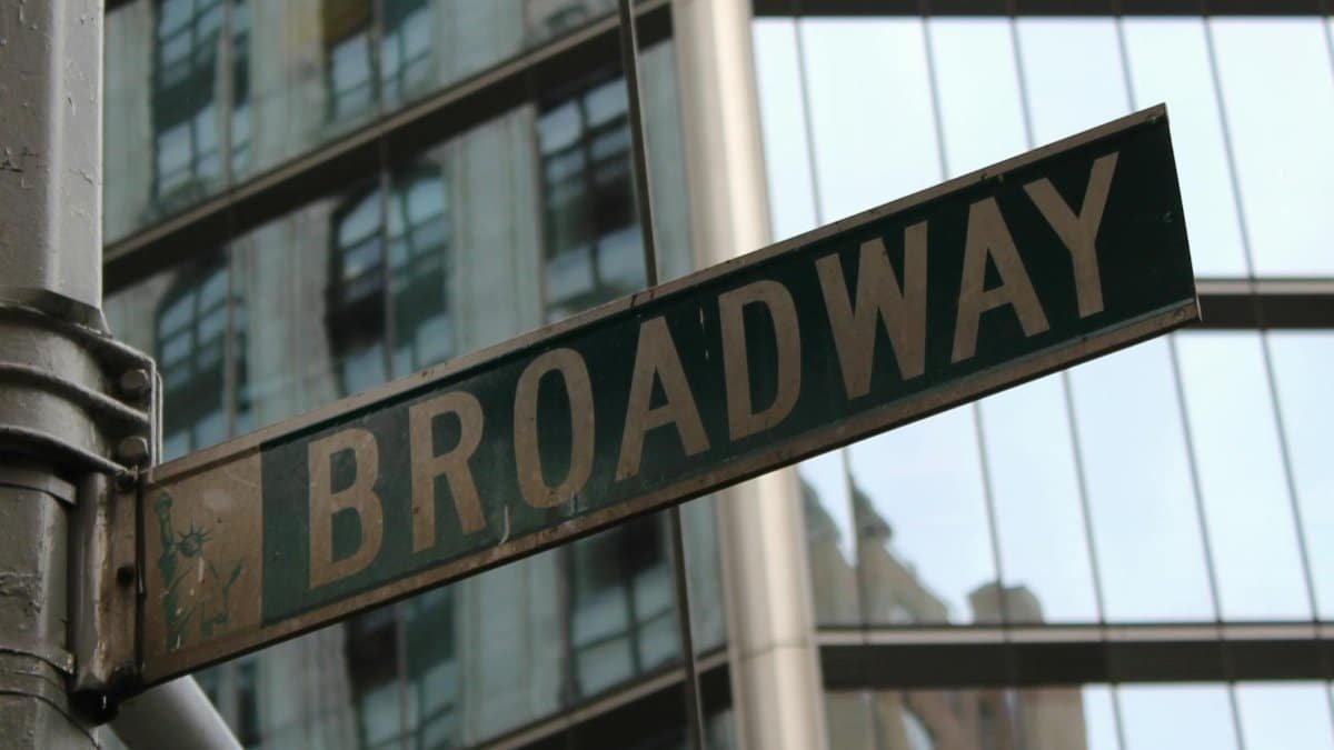 Close-up of the iconic Broadway street sign in New York City, USA.