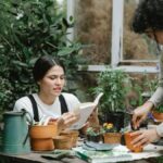 Woman sitting at table and reading gardening handbook while colleague planting sprout in peat pot in garden