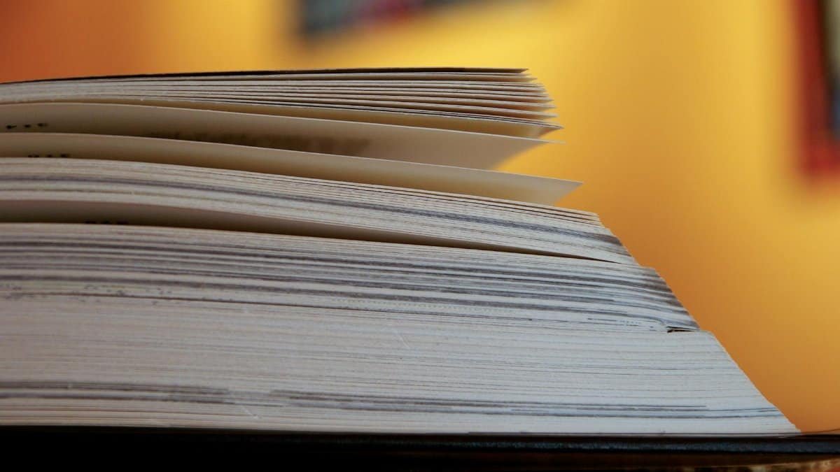 A close-up view of an open book with pages turning, set against a warm background.