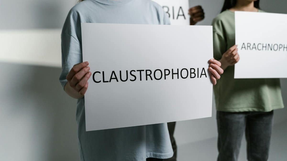 Group of individuals holding signs displaying phobia names in a neutral setting.