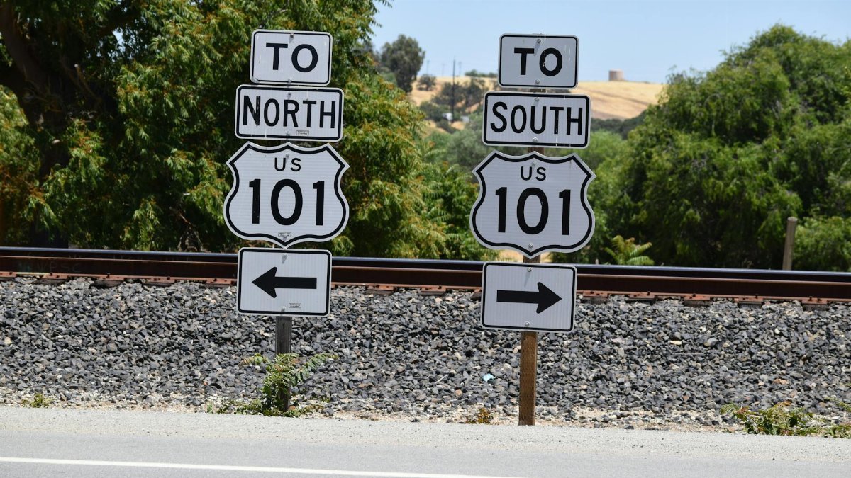 Directional signs for US Route 101 seen in San Miguel, California during a sunny day.