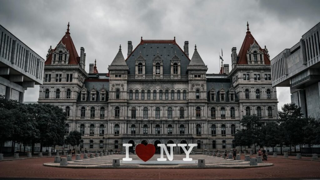 Captivating facade of the New York State Capitol with iconic I ❤️ NY sculpture.