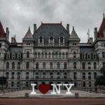 Captivating facade of the New York State Capitol with iconic I ❤️ NY sculpture.