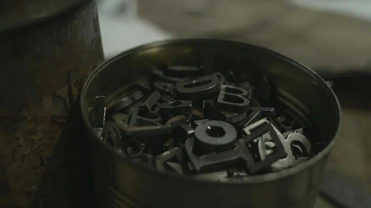 A bucket of metal letter stamps in an indoor industrial environment.