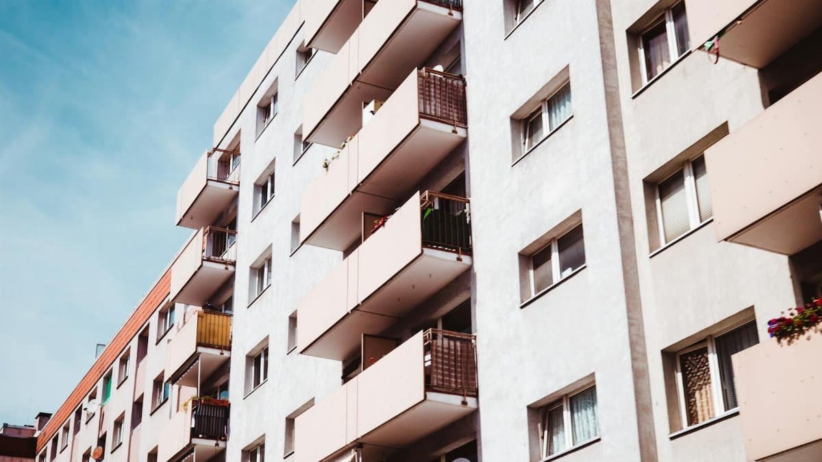 Contemporary apartment building with balconies in an urban setting, Frankfurt am Main.