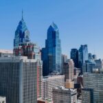 Aerial view of Philadelphia's skyline showcasing iconic skyscrapers on a clear day.