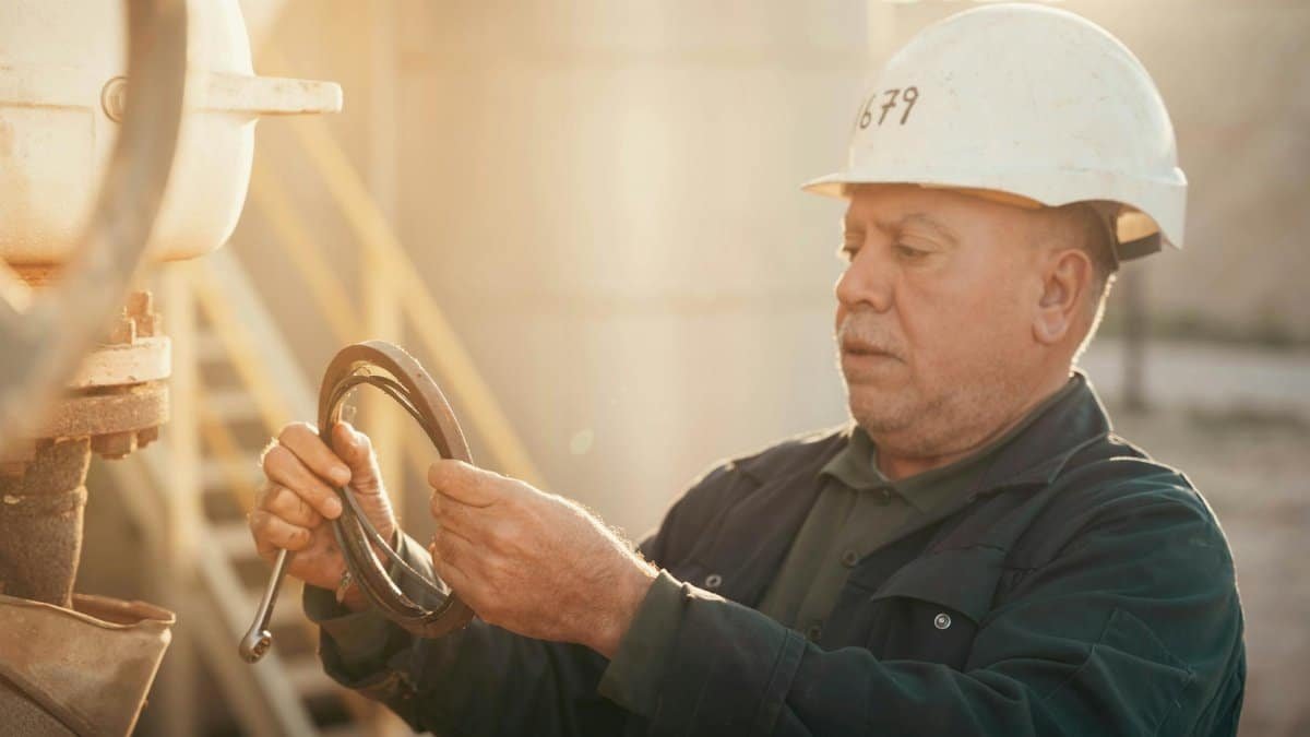 Middle-aged engineer with hard hat inspecting machinery under sunlight in an industrial setting.