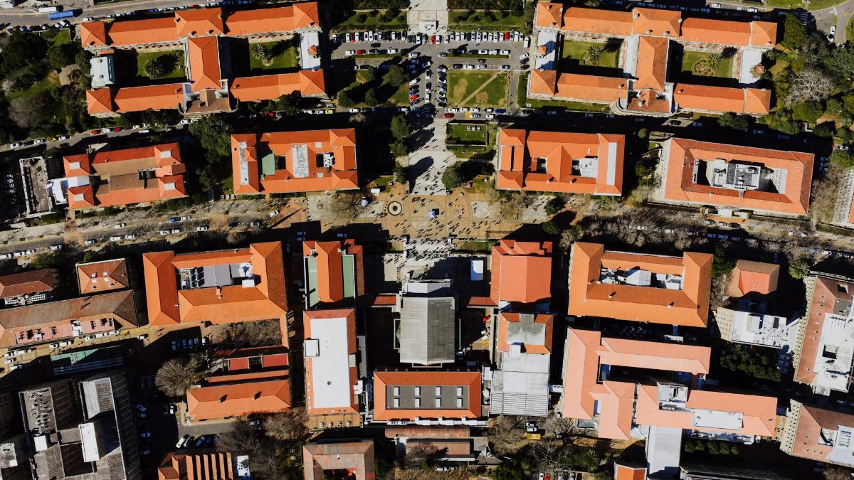 Stunning aerial shot of a university campus showcasing vibrant architecture in Cape Town, South Africa.