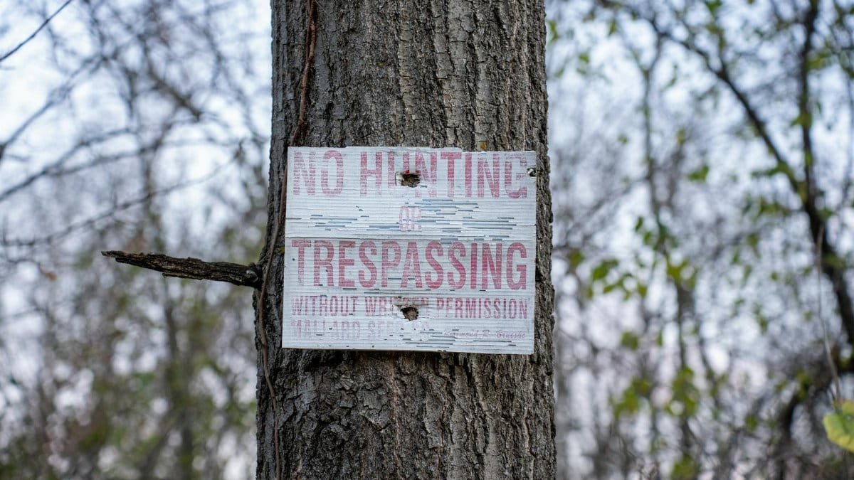 A weathered 'No Trespassing' sign nailed to a tree trunk in a forest in Wabasha, Minnesota.