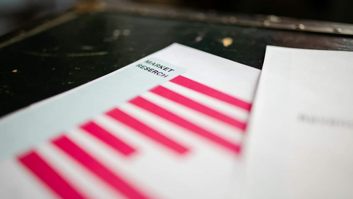 A detailed close-up of a market research document featuring a bar graph and a focus on market trends.