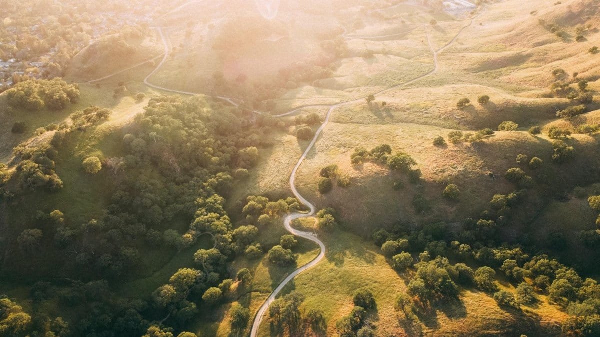 A stunning aerial view capturing the rolling hills and winding paths of Walnut Creek, California at sunset.