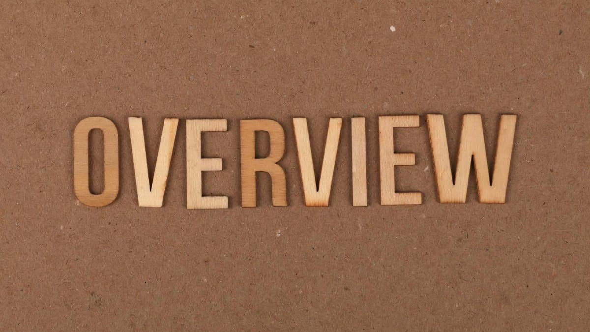 High-resolution image of wooden letters spelling 'OVERVIEW' on a brown background.