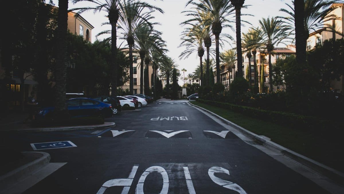 A serene palm-lined street in Irvine, California, with parked cars and residential buildings.