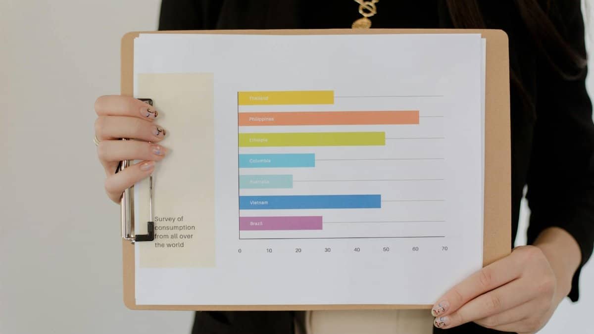 Businesswoman displaying bar chart survey results on clipboard. Ideal for business analysis stock photos.