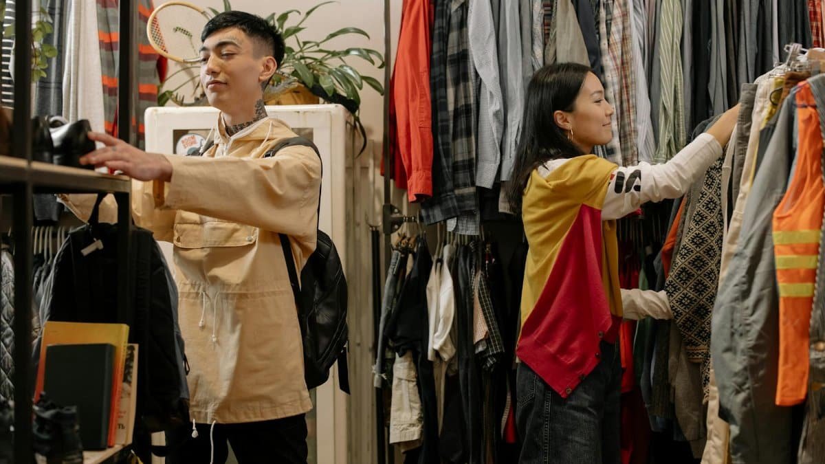 Two young adults selecting clothes in a crowded vintage thrift store.