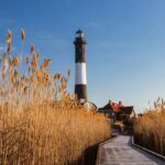 Beautiful autumn view of Fire Island Lighthouse, surrounded by tall reeds under a clear blue sky.