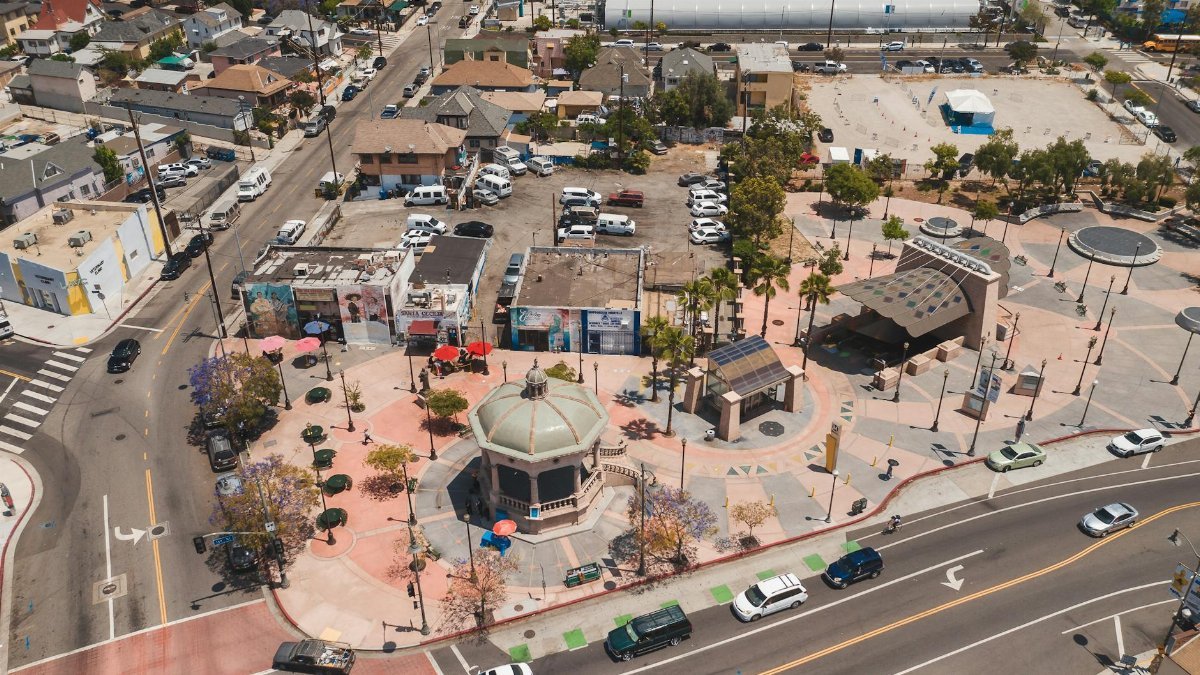 Vibrant aerial shot of Mariachi Plaza in Boyle Heights, showcasing the urban Los Angeles landscape.