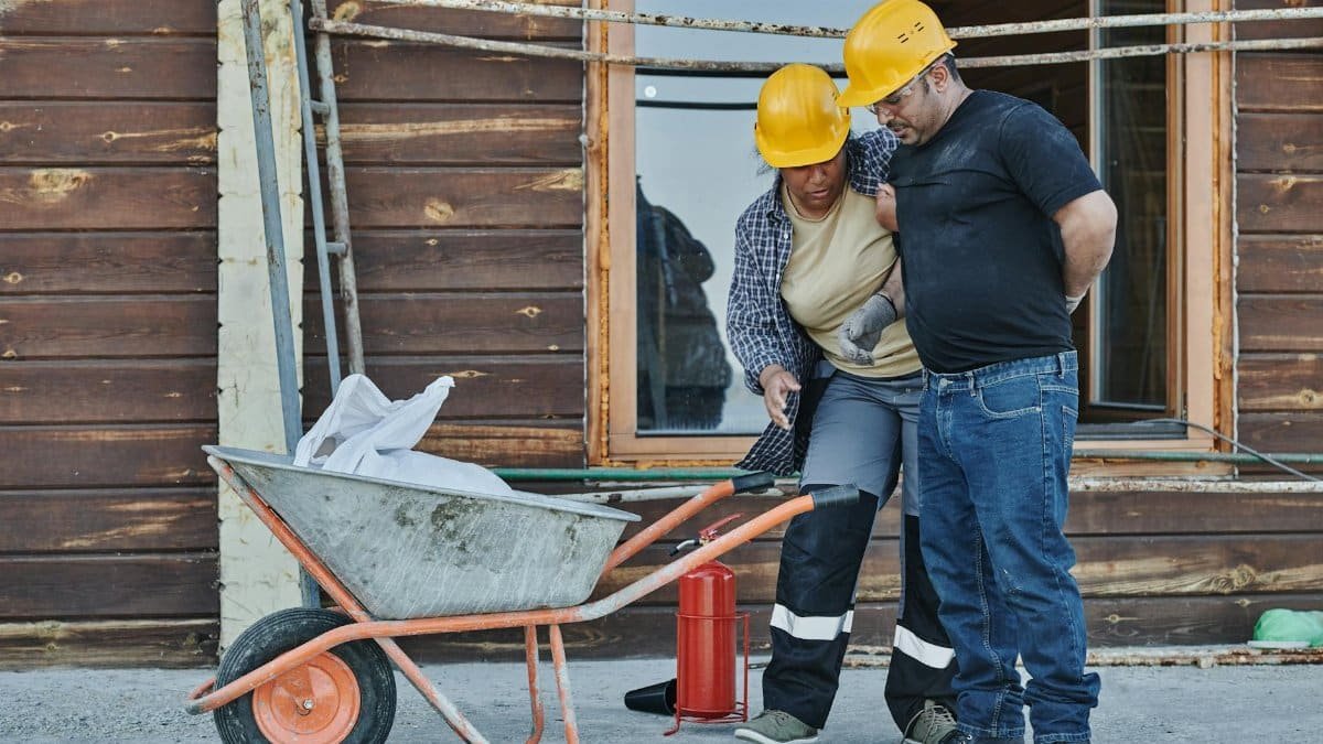 Two construction workers with hard hats assist an injured team member, highlighting workplace safety.