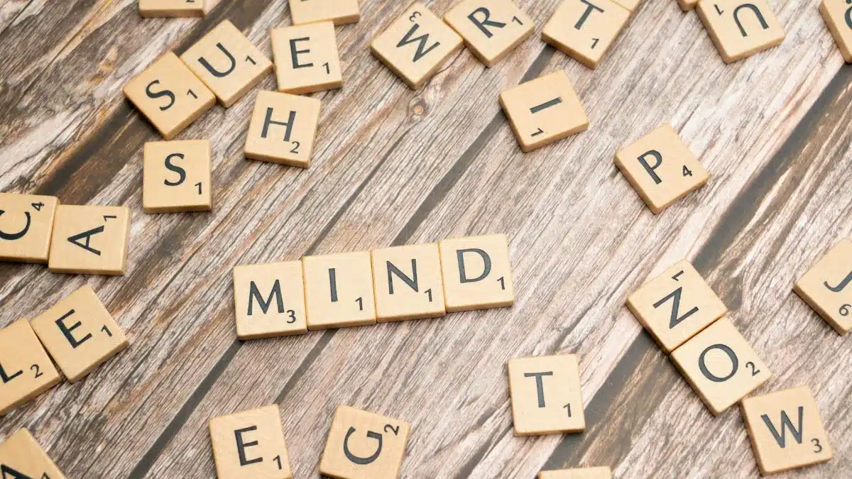 Scattered wooden letter tiles on a rustic wood surface highlighting the word 'Mind'. Ideal for mental and cognitive themes.
