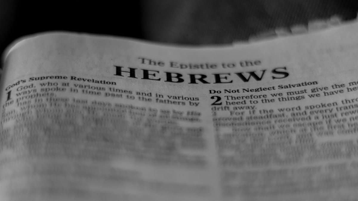 Black and white close-up of Hebrews chapter in a Bible, focused on text.