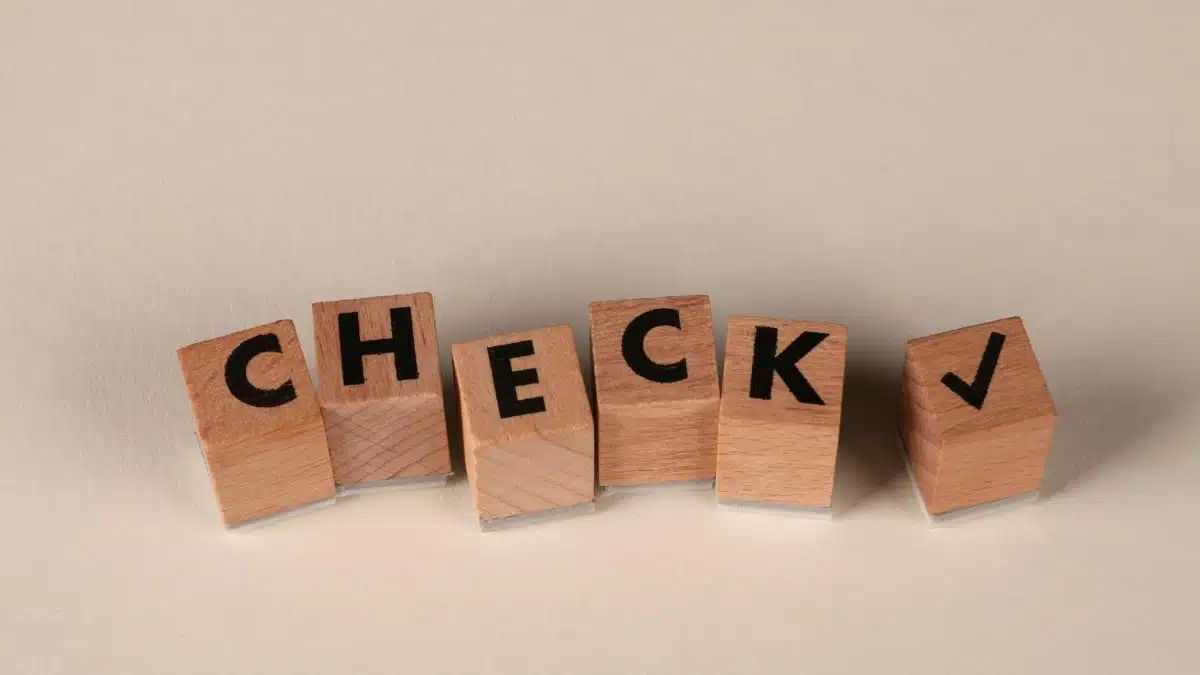 Wooden blocks aligned to spell 'CHECK' with a checkmark symbol on a neutral background.
