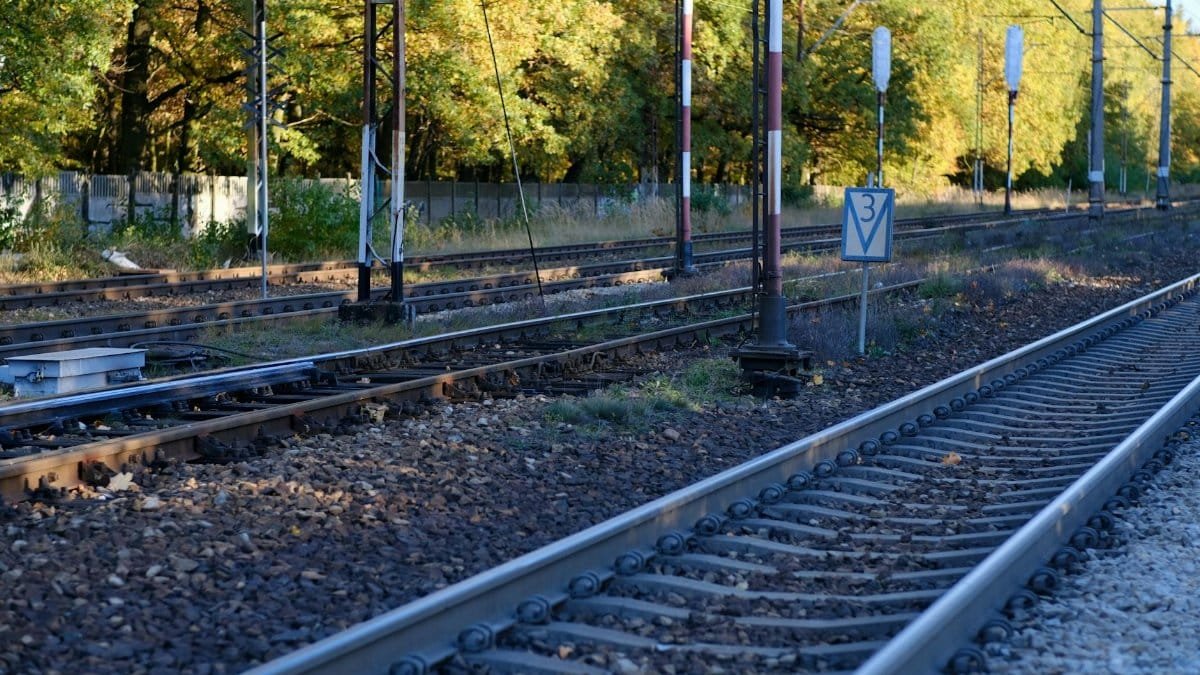 Scenic view of railway tracks surrounded by autumn foliage under a clear sky.