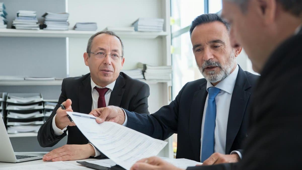 Three businessmen discussing documents in a modern office setting.