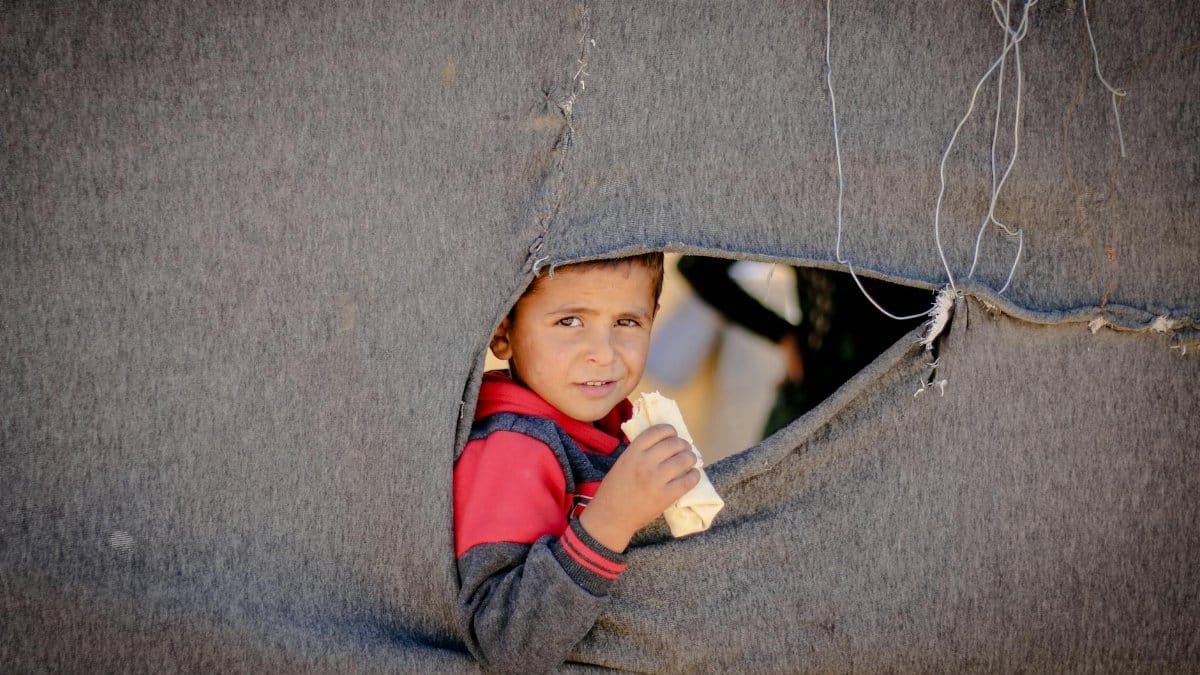 A young boy peering through a torn tent in Idlib, reflecting innocence amid hardship.