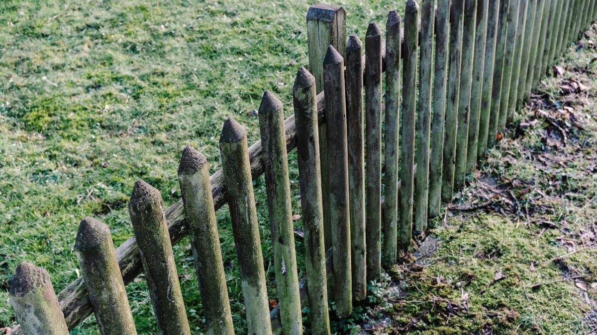 A rustic, weathered wooden fence in a grassy, outdoor garden setting. Perfect for nature photography.