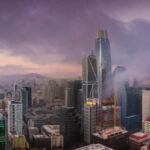 Aerial view of San Francisco's skyline at sunset with iconic skyscrapers and dramatic clouds.