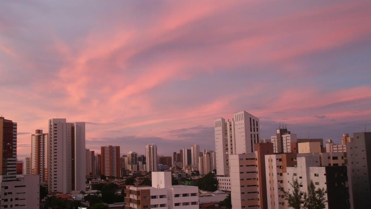 A city skyline with modern skyscrapers under a dramatic pink twilight sky.