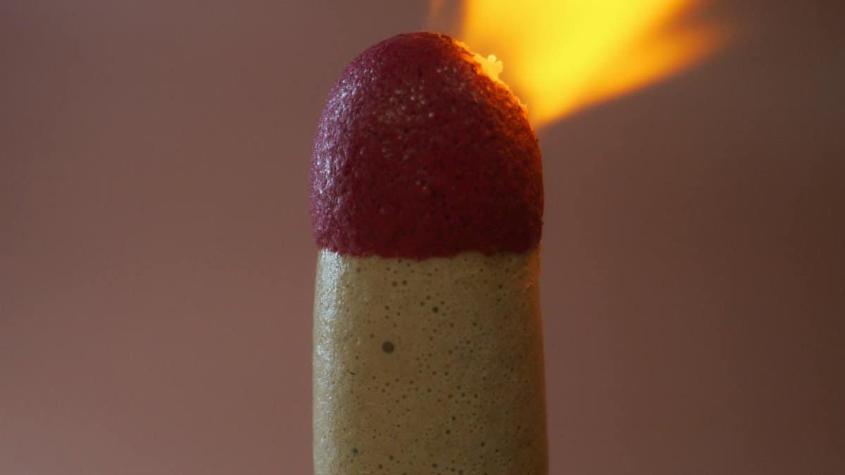 Detailed image of a burning match stick with orange flame and textured surface, ideal for fire concepts.