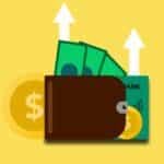 Illustration of wallet with cash, coins, and credit card on yellow background.