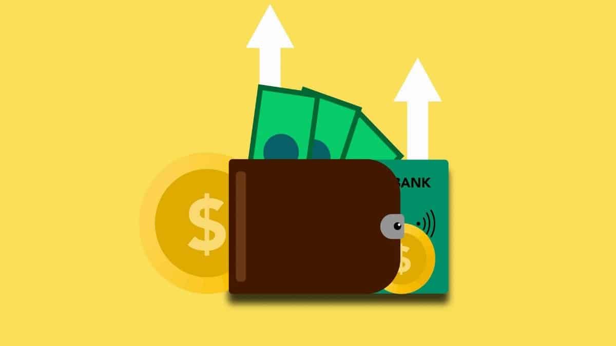 Illustration of wallet with cash, coins, and credit card on yellow background.