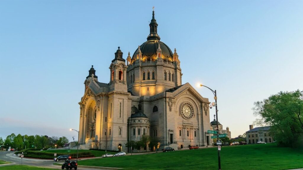 Beautiful evening view of the Cathedral of Saint Paul in Minnesota, architecturally lit.