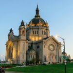 Beautiful evening view of the Cathedral of Saint Paul in Minnesota, architecturally lit.