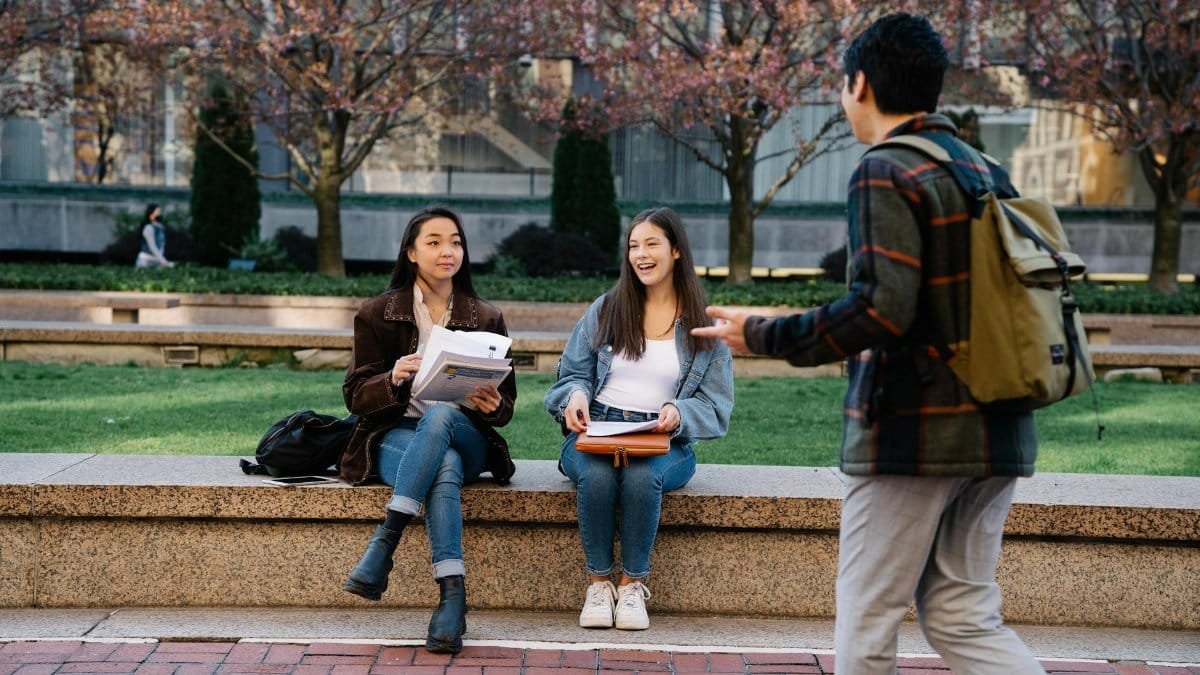 Group of university students engaging on a campus bench surrounded by greenery.
