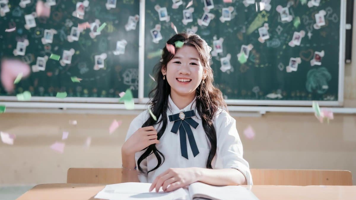 A cheerful student in uniform with confetti celebrating inside a classroom. Ideal for education and success themes.