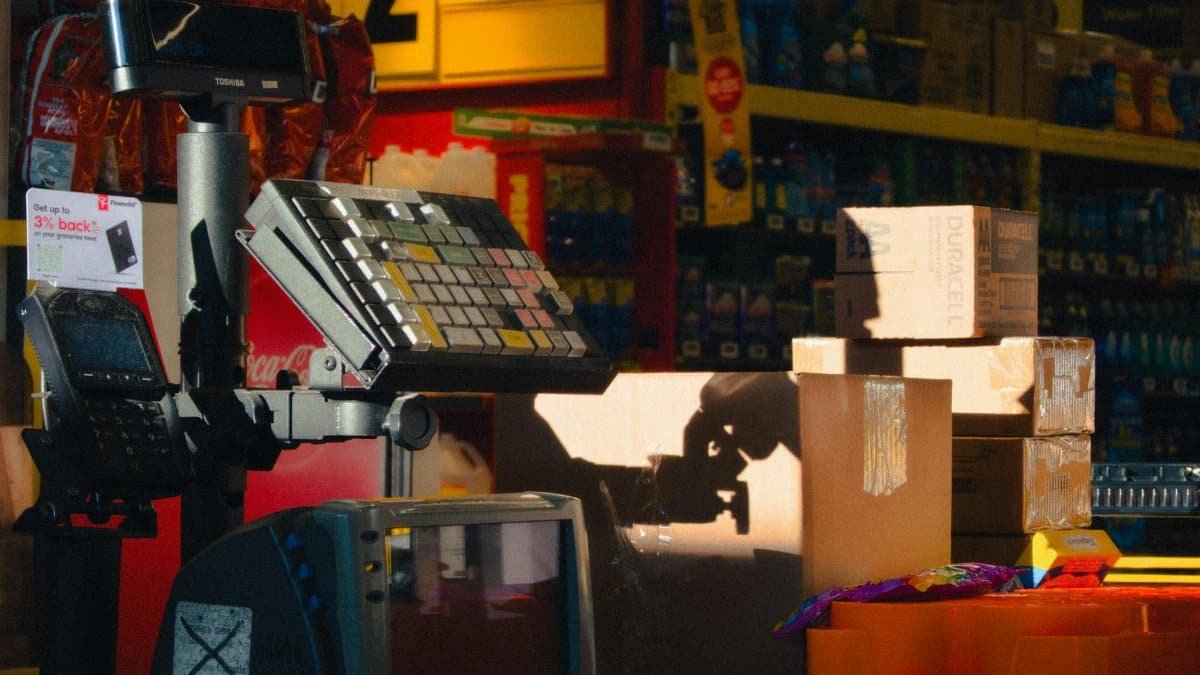 Close-up of a retail checkout counter with boxes and a touchscreen register in a store setting.