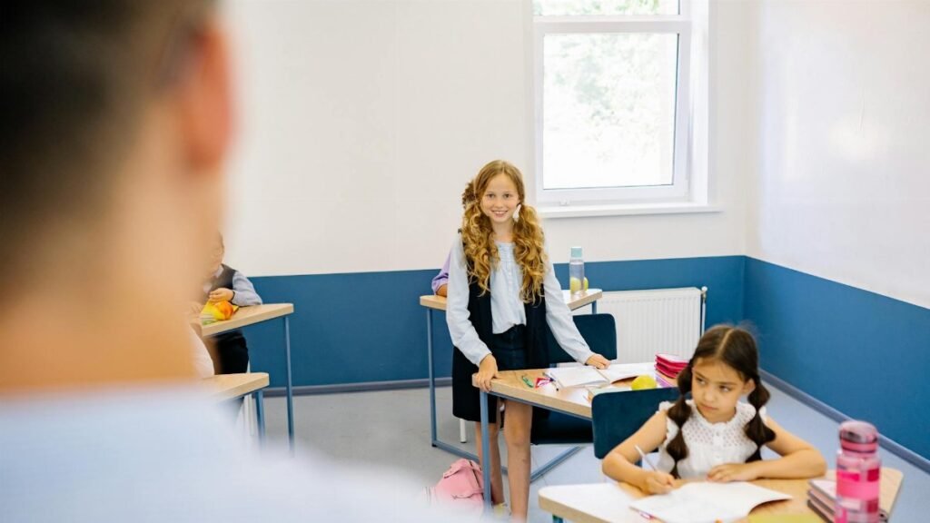 A young girl stands smiling in a bright classroom, engaged in school activities.